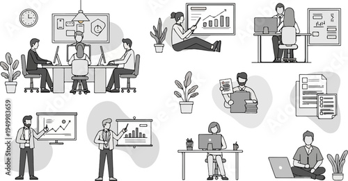 Office scene with people working on computers and presenting data