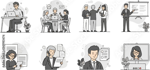 Businesspeople collaborating, presenting, and working remotely