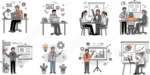 Colleagues collaborate and present in office settings