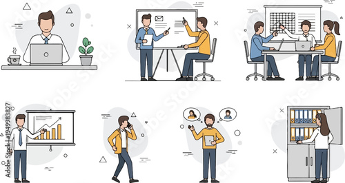 Flat vector illustrations depict office scenarios with professionals engaged in various tasks