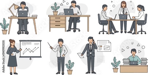 Colleagues collaborate at desks, present data, and manage tasks in a modern office