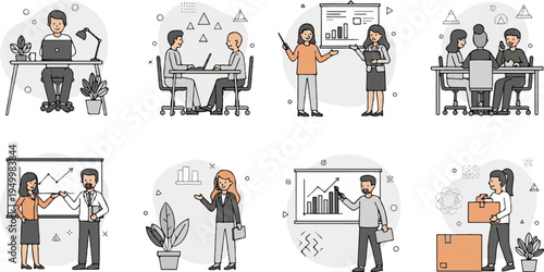 Flat design illustrations depict business scenarios like meetings and presentations