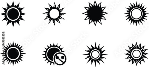 A set of vector sun icons in line art silhouette style for various design applications