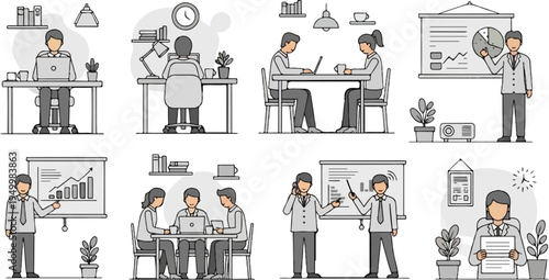 Colleagues collaborating and presenting in various office settings