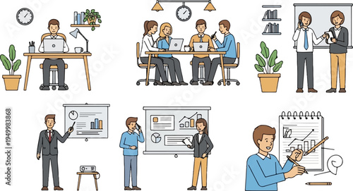 Colleagues collaborate in meetings, present data, and work individually on projects