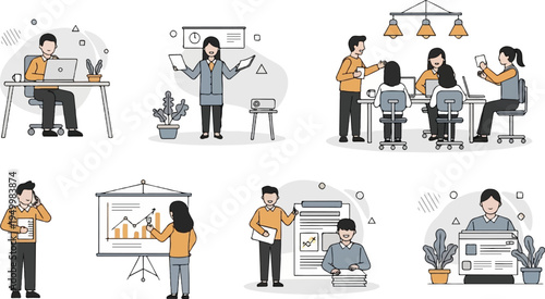 Colleagues collaborate on projects, present data, and work at desks