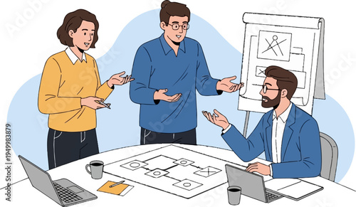 Diverse team collaborating on a flowchart project with laptops and coffee