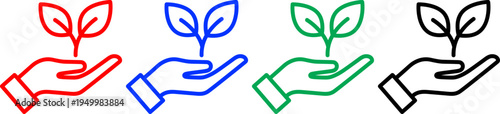 Red blue green black hand holding sprout plant icons on transparent background