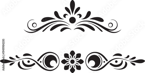 Two elegant black ornamental dividers showcasing elaborate floral and swirling scroll patterns