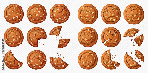 Set of cartoon oatmeal cookies with sesame seeds, whole and broken into pieces, isolated on transparent background.