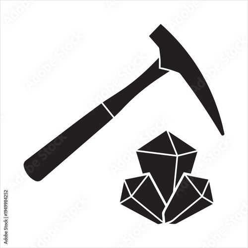 Geology concept with hammer and minerals, vector silhouette