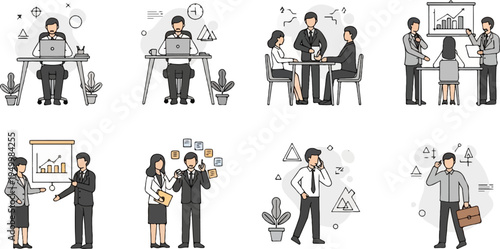 Diverse business scenarios depicted with minimalist flat design figures and icons