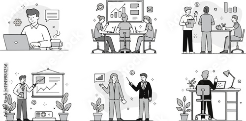 Diverse business scenarios depicting collaboration, meetings, and individual work
