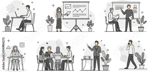 Diverse business scenes presentations, meetings, and individual work