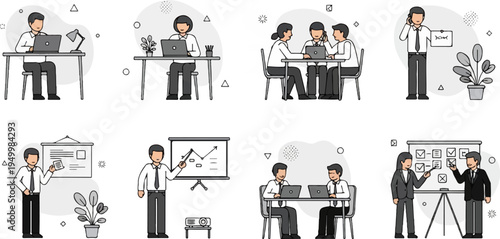 Diverse business people collaborating and presenting in modern office settings (3)