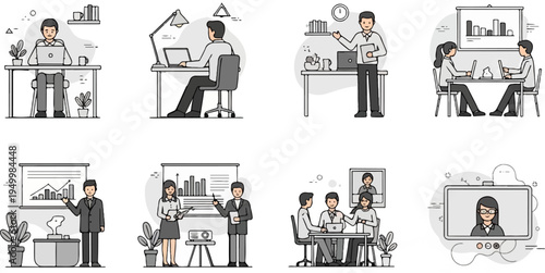 Diverse business people collaborating in office, presenting, and communicating remotely