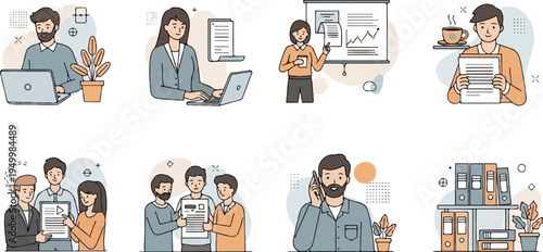 Diverse business people collaborating, presenting, and working in an office