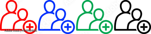 Set of four user add icons in red blue green and black colors representing new members or social network