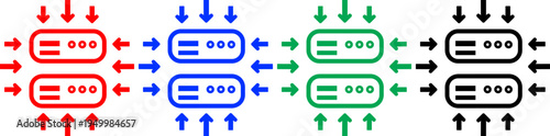 Set of modern abstract server icons in red blue green and black representing technology and data processing