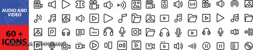 Audio and Video web icons in line style. Cinema, speaker, online, picture, play button, music, collection. Editable stroke. Outline icon in linear style