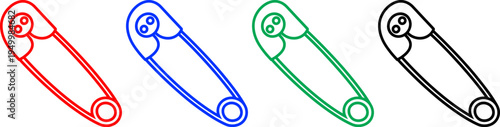 Set of safety pin icons in red, blue, green, and black on transparent background