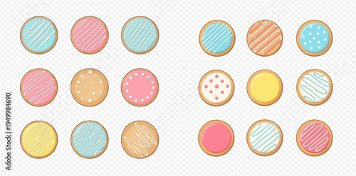 Set of colorful decorated round cookies with various patterns and pastel icing.