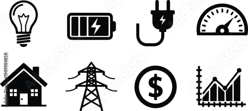 A set of vector line art silhouettes illustrating energy and finance concepts in a modern bundle