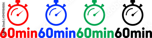 Stopwatch icons with text 60min timer time measurement in red blue green and black