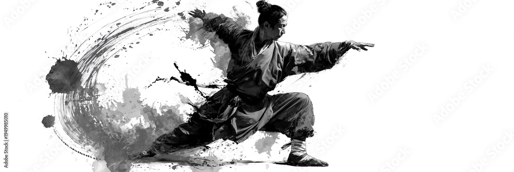 Fototapeta premium Dynamic Chinese Ink Martial Arts Illustration of a Kung Fu Practitioner Isolated on White Background with Copy Space. Created with Bold Calligraphic Brushstrokes and Dynamic Ink Splashes. Generative A