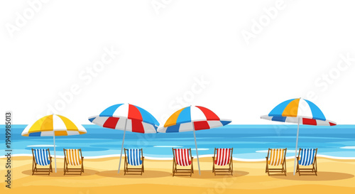 Colorful beach umbrella and chair by ocean in sunny summer seaside scene
