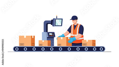 Factory Automation: A diligent worker manages the automated assembly line. This illustration shows the synergy of human labor and advanced technology in the realm of modern manufacturing