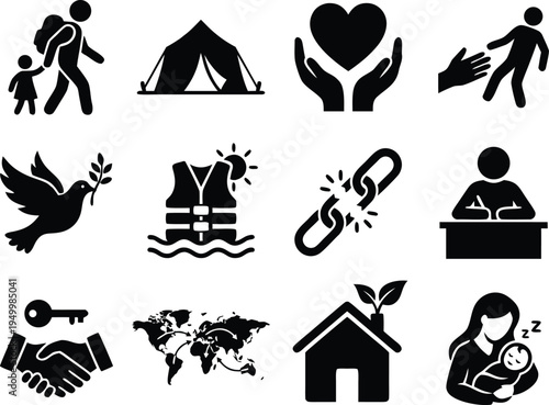 charity and humanitarian aid icon set. help, peace, and family support. vector illustration