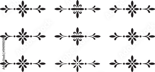 Nine small black symmetrical ornamental design elements featuring minimalist floral patterns