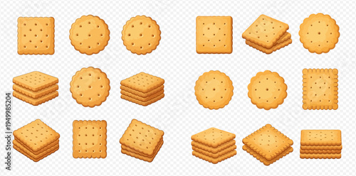 Delicious Assortment of Crispy Crackers and Biscuits in Various Shapes and Stacks.