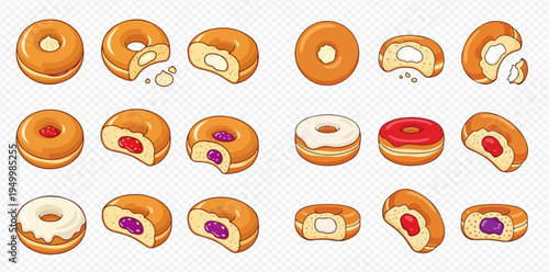 Set of various donuts with different fillings and glazes, including cream, jelly, and chocolate, isolated on a transparent background.