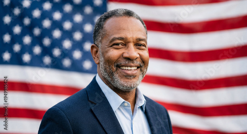 Black American politician portrait with US flag background