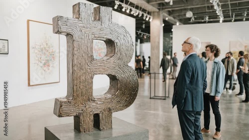 Visitors observing monumental bitcoin sculpture in contemporary gallery highlighting digital currency innovation financial art investment culture and modern economic trends