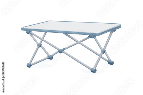 A portable folding camping table with a light blue frame and a white
