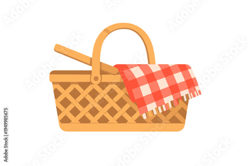 A flat vector illustration of a traditional woven picnic basket with