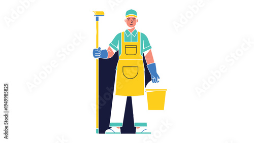 Custodian in Action: A dedicated custodian stands prepared, embodying the commitment to cleanliness and maintenance in the workplace, holding essential tools of the trade.