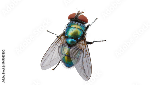 Quadro em tela Isolated iridescent green blue fly with detailed translucent wings and compound