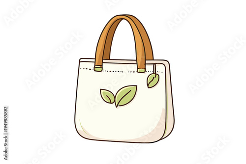 A vector illustration of a reusable white canvas tote bag with brown