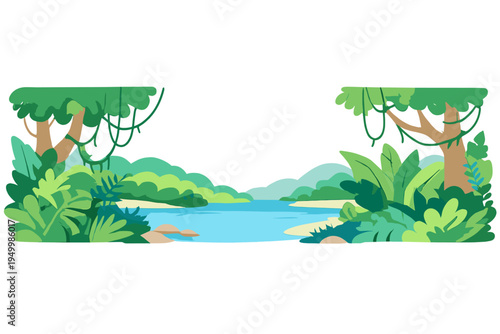 A vibrant vector illustration of a tropical jungle landscape