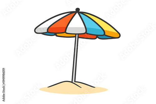 A colorful beach umbrella with red, blue, yellow, and white panels is