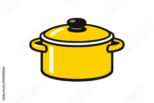 A vector illustration of a bright yellow cooking pot with a black lid