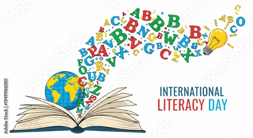 International literacy day graphic with globe emerging from book and letters flying out symbolizing education and learning
