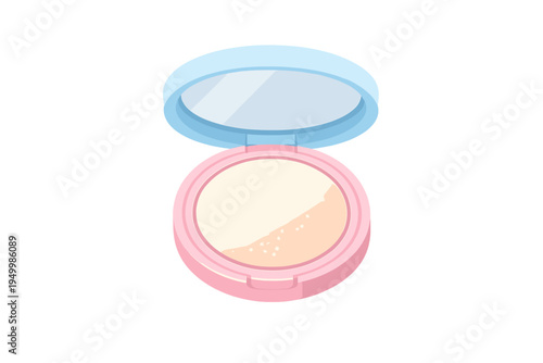 A vector illustration of an open makeup compact with a pink base and
