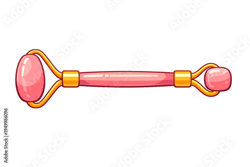 A vector illustration of a pink rose quartz facial roller with gold