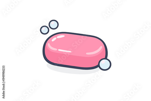 A vector illustration of a pink bar of soap with light blue bubbles