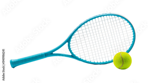 Bilde på lerret Isolated vibrant tennis racket with a bright yellow fuzzy ball for sports equipm